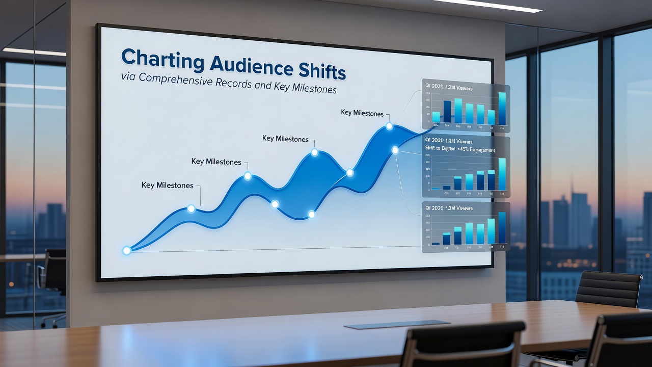 Timeline infographic displaying audience migration events alongside major industry milestones from 2020 to 2026